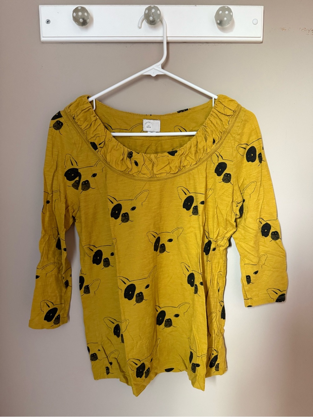 Anthropologie Mustard Yellow French Bull Dog Print Blouse